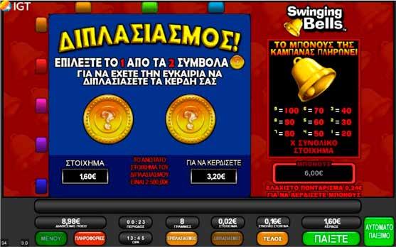 2.7.6 SWINGING BELLS / ΔΙΠΛΑΣΙΑΣΜΟΣ Όταν πατηθεί το πλήκτρο Διπλασιασμού, εμφανίζεται πάνω από τους κυλίνδρους μια νέα οθόνη με δύο σύμβολα για να διαλέξετε.