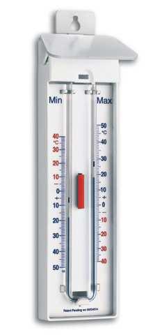 Maxima-Minima--Termometar Za vanjsku i unutarnju primjenu, sintetičko kućište, bijela boja, sa tipkom, bez žive, patentiran Područje: -35 C +50 C Dimenzije: 230 x 79 mm, 120 g Artikl broj: EI-10-3014.