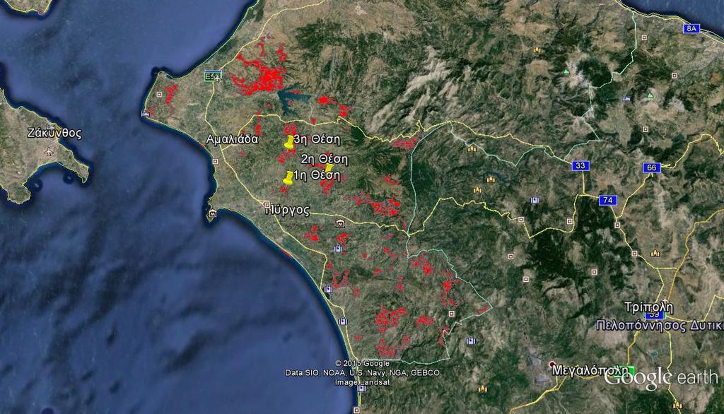 Σχήμα 35 : Θέσεις των τριών κατάλληλων για ΧΥΤΑ περιοχών Πιο συγκεκριμένα, η πρώτη κατάλληλη θέση (Σχήμα 36), έχει συντεταγμένες 37 42'23.86"Β/21 29'16.47"Α και έκταση 3,5 km 2.