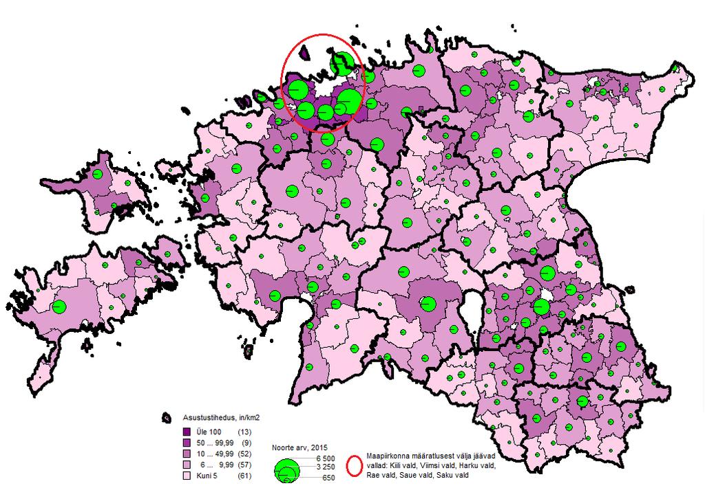 Joonis 4. Noorte (18-40-aastaste) arv ning asustustihedus (in/km 2 ) Tallinna lähivaldades ja maapiirkondades seisuga 01.01.2015.