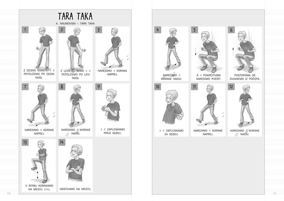TARA TAKA CILJI: Spontano gibanje ob glasbi; urjenje razloëevanja med tiπino in zvokom; gibanje ob glasbi z vnaprej doloëenimi gibi; razvijanje obëutka za ritem. 1.