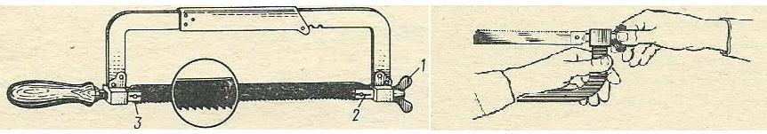 2. Podľa obrázka popíšte hlavné body pracovného postupu vloženia pílového listu do rámu ručnej pílky: Obrázok 7 Vloženie