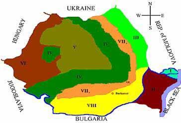 Conservarea şi gestionarea resurselor naturale Agora Est Consulting Harta 10.6. Harta surselor regenerabile de energie disponibile pe regiuni Legenda I.Delta Dunării (energie solară) II.