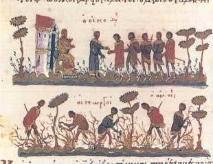 3.γ. Βυζαντινοί γεωργοί εισπράττουν τα ημερομίσθιά τους για την καλλιέργεια αμπελώνα.