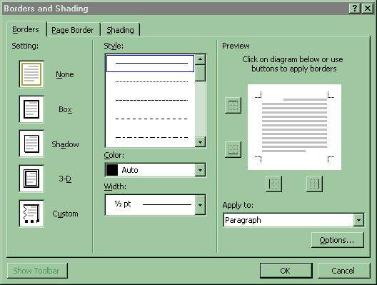 3.3 Chenare Pentru a lucra cu chenare putem folosi bara Tables and Borders, sau putem merge in meniul Format la comanda Borders and Shading, eticheta Borders. 1.