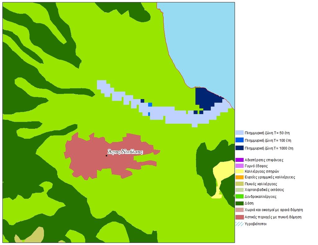 4.2.2 Αποτελέσματα Σχολιασμός Ρέμα Αγίου Νικολάου Το ρέμα Αγίου Νικολάου μοντελοποιήθηκε στο FLO-2D με ανάλυση πλέγματος 25x25 m 2 σε συνθήκες μη μόνιμης ροής.