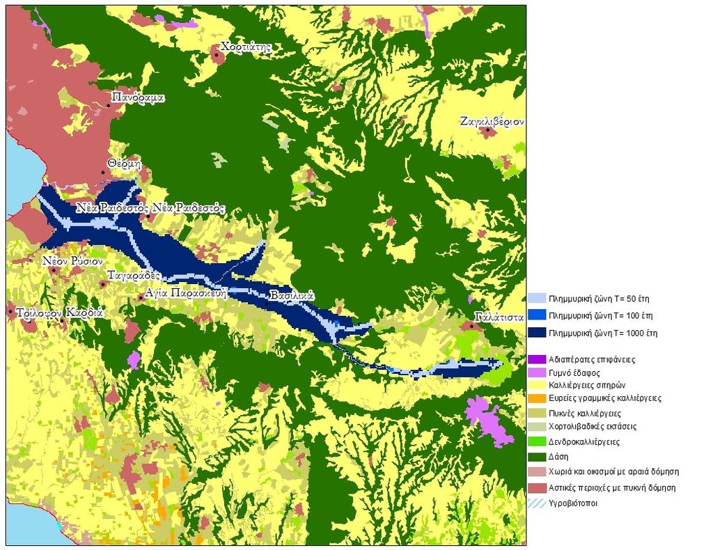 Εικόνα 4.32 : Χάρτης πλημμυρικής κατάκλυσης Ρέμα Ανθέμους Ρέμα Λιβαδάκι Το ρέμα Λιβαδάκι μοντελοποιήθηκε στο FLO-2D με ανάλυση πλέγματος 25x25 m 2 σε συνθήκες μη μόνιμης ροής.