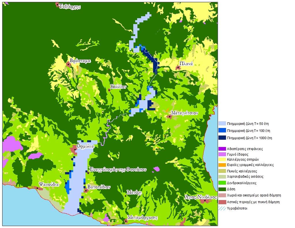 Εικόνα 4.36 : Χάρτης πλημμυρικής κατάκλυσης Ρέμα Χαβρία Ρέμα Νέας Σερμύλης Το ρέμα Νέας Σερμύλης μοντελοποιήθηκε στο FLO-2D με ανάλυση πλέγματος 25x25 m 2 σε συνθήκες μη μόνιμης ροής.