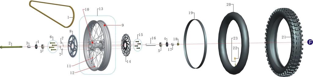 REAR WHEEL ASSY. 11 Item Part # Description Req. Item Part # Description Req. 1 04020202410100 chain 428-138L 1 13 04007202010210 rim assy.