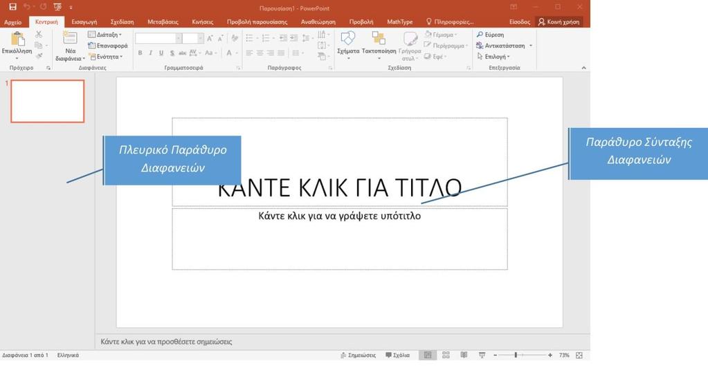 PowerPoint Με τις επιλογές της καρτέλας Κεντρική ο χρήστης μπορεί να προσθέσει νέα διαφάνεια, να μορφοποιήσει το