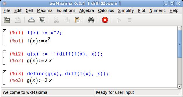 http://stavrakoudis.econ.uoi.gr/stavrakoudis/?iid=513 57 Σχήμα 4.5: Το περιβάλλον του Maxima για τον ορισμό συνάρτησης παραγώγου Εστω η συνάρτηση: f (x) = x 2 6 x + 20 (4.