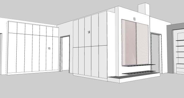 12 Vitrino, skupne dim. 1460 60 270 cm, obkroža portal širine 30 cm, spojen pod kotom 45, na ustrezni podkonstrukciji. Spodnji del vitrine tvori 12 korpusov dim.