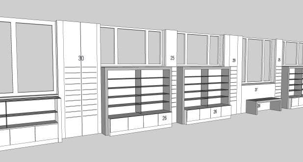 26 Vitrino, na 10cm podnožju, dim. 204 3550 177 cm, obkroža portal širine 8 cm, spojen pod kotom 45. Spodnji del vitrine tvori s krilnimi varti in ključavnico zaprt korpus dim.
