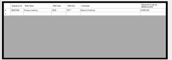 Motif Start Η στήλη «Motif Start» θα πρέπει να περιλαμβάνει τον αριθμό που υποδηλώνει το σημείο της ακολουθίας αναφοράς (βλ. Sequence to use as reference point) από το οποίο θα ξεκινά η ετικέτα.