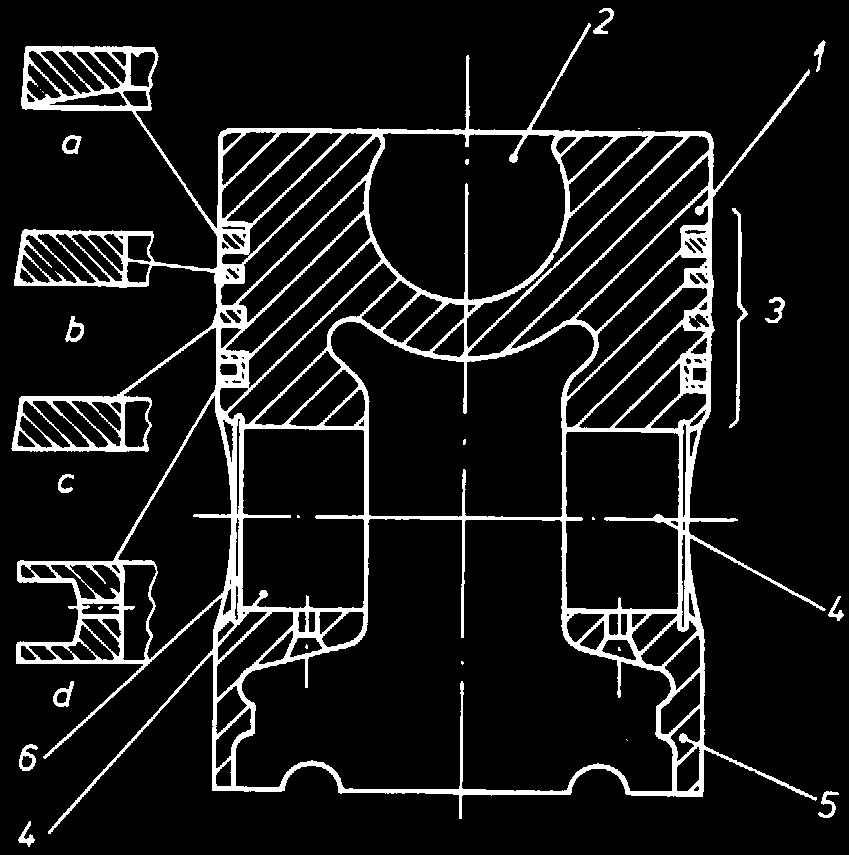 Fig. 2 Tipuri de cilindri: a cilindru inamovibil; b cma de cilindru amovibil, umed; c cma de cilindru, uscat; d cilindru pentru motor în doi timpi rcit cu aer; bloc motor; 2 camer de rcire; 3 cma de