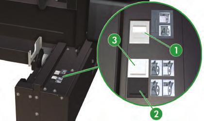 16. Στο μπροστινό μέρος του εκτυπωτή, χρησιμοποιήστε το μαύρο διακόπτη προώθησης του μέσου εκτύπωσης (2), ή το μαύρο διακόπτη προώθησης του μέσου εκτύπωσης στο διακόπτη ποδός,