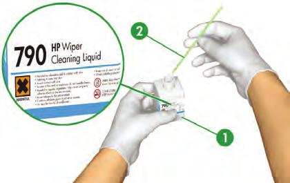 8. Βυθίστε ένα καινούργιο καθαριστικό βουρτσάκι της HP (2) στο καθαριστικό υγρό του καθαριστήρα (1).