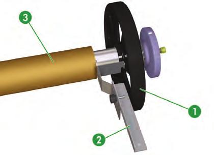Σημείωση Ο διαχωριστήρας του ρολού του μέσου εκτύπωσης αποτρέπει το βάρος του μέσου εκτύπωσης από το να προκαλέσει βούλιαγμα του ρολού στο κέντρο. α. Αφαιρέστε τις δύο ασφαλιστικές βίδες (1) του διαχωριστήρα του ρολού του μέσου εκτύπωσης.