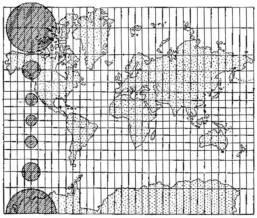 3) Mercatorovo zobrazenie (obr. 18) konformné so zobrazovacími rovnicami: x = r. arc λ a r δ y =.log cotg log e 2 Obr. 18 Mercatorovo zobrazenie 3. 7. 5.