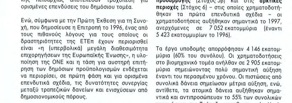 To 1997, οι χρηματοδοτήσεις στις λιγότερο ευνοημένες περιοχές της Ένωσης ανήλθαν σε 14 646 εκατομμύρια, αντιπροσωπεύοντας το 67% των χορηγήσεων της ΕΤΕπ (έναντι 13 805 εκατομμυρίων το 1996).