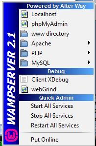 Εικόνα 8. Η κονσόλα διαχείρισης WAMP Αν δεν ξεκινήσει η λειτουργία WAMP, ο χρήστης μπορεί να κάνει κλικ στην επιλογή Start All Services.