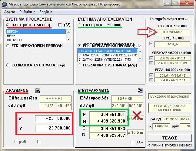 Πίνακασ 7, Παράδειγμα μεταςχθματιςμοφ ςυντεταγμζνων των χαρτϊν (ΡΧ/74/Hatt) ΡΦ/74/Hatt_01 υντεταγμϋνεσ ςε Hatt υντεταγμϋνεσ ςε ΕΓΑ87 Φ Τ Φ Τ 1-22250 -24250 305539.051 4489056.