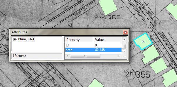 Με τη βοόθεια του ArcMap 10 μποροϑν να ληφθοϑν πληροφορύεσ που αφοροϑν την ϋκταςη και τη θϋςη ενώ ψηφιοποιημϋνου ςτοιχεύου του χϊρτη, ϐπωσ για παρϊδειγμα την ϋκταςη ενϐσ οικοδομικοϑ