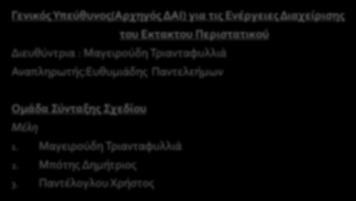 Ανάθεση Αρμοδιοτήτων στο Προσωπικό του Σχολείου Γενικός Υπεύθυνος(Αρχηγός ΔΑΙ) για τις Ενέργειες Διαχείρισης του Εκτακτου Περιστατικού Διευθύντρια :