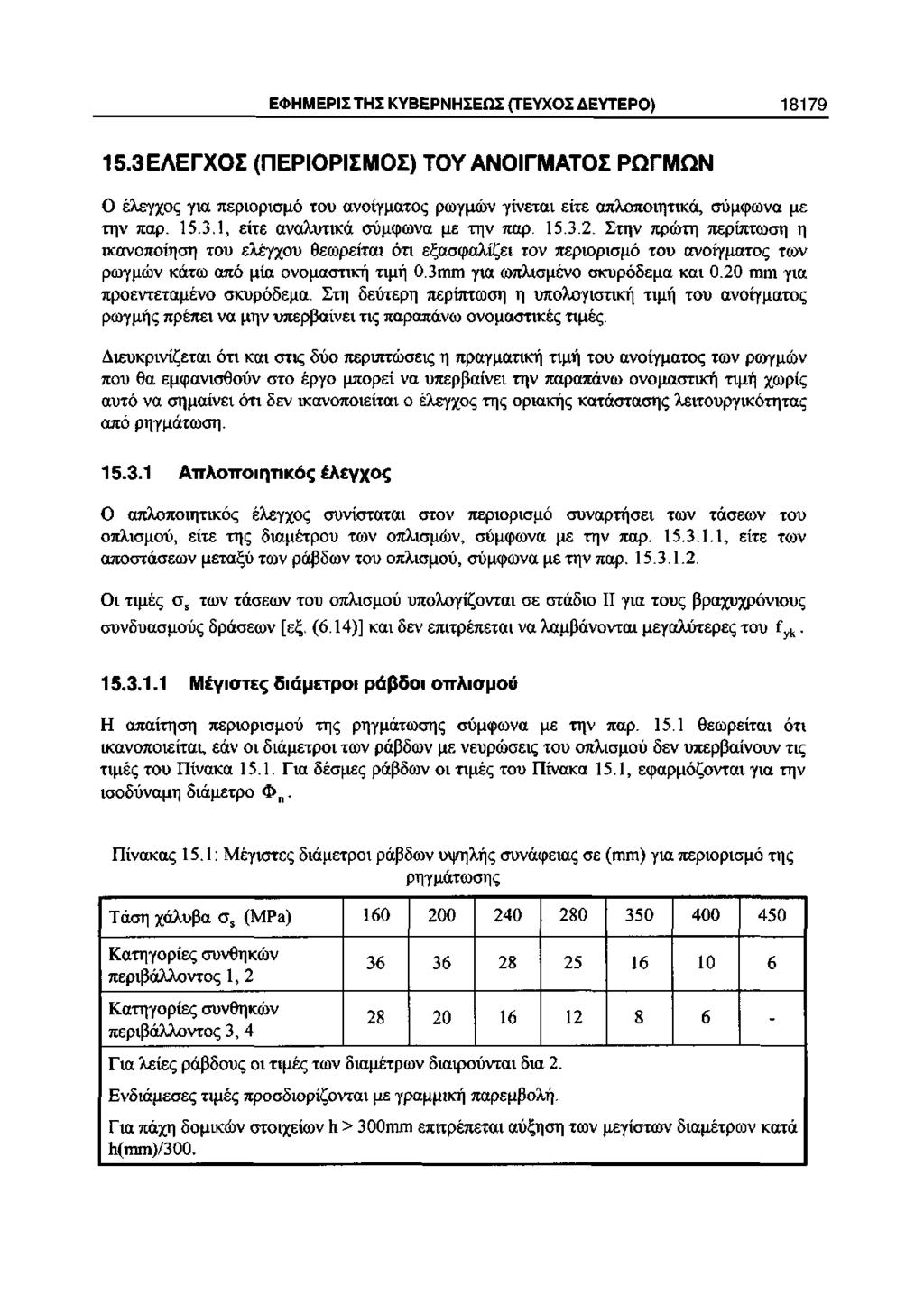 ΕΦΗΜΕΡΙΣ ΤΗΣ ΚΥΒΕΡΝΗΣΕΩΣ (ΤΕΥΧΟΣ ΔΕΥΤΕΡΟ) 18179 15.3ΕΛΕΓΧΟΣ (ΠΕΡΙΟΡΙΣΜΟΣ) ΤΟΥ ΑΝΟΙΓΜΑΤΟΣ ΡΩΓΜΩΝ Ο έλεγχος για περιορισμό του ανοίγματος ρωγμών γίνεται είτε απλοποιητικά, σύμφωνα με την παρ. 15.3.1, είτε αναλυτικά σύμφωνα με την παρ.