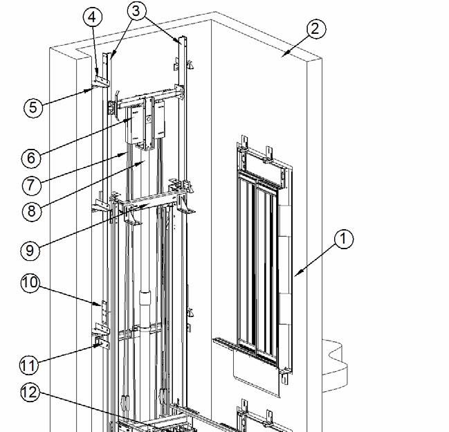Page: 3/23 3D layout 1. LANDING DOORS 2. SHAFT WALL 3. GUIDE RAILS 4. GUIDE RAIL BRACKETS 5 WALL BRACKETS 6. PULLEY 7. ROPES 8. JACK 9.