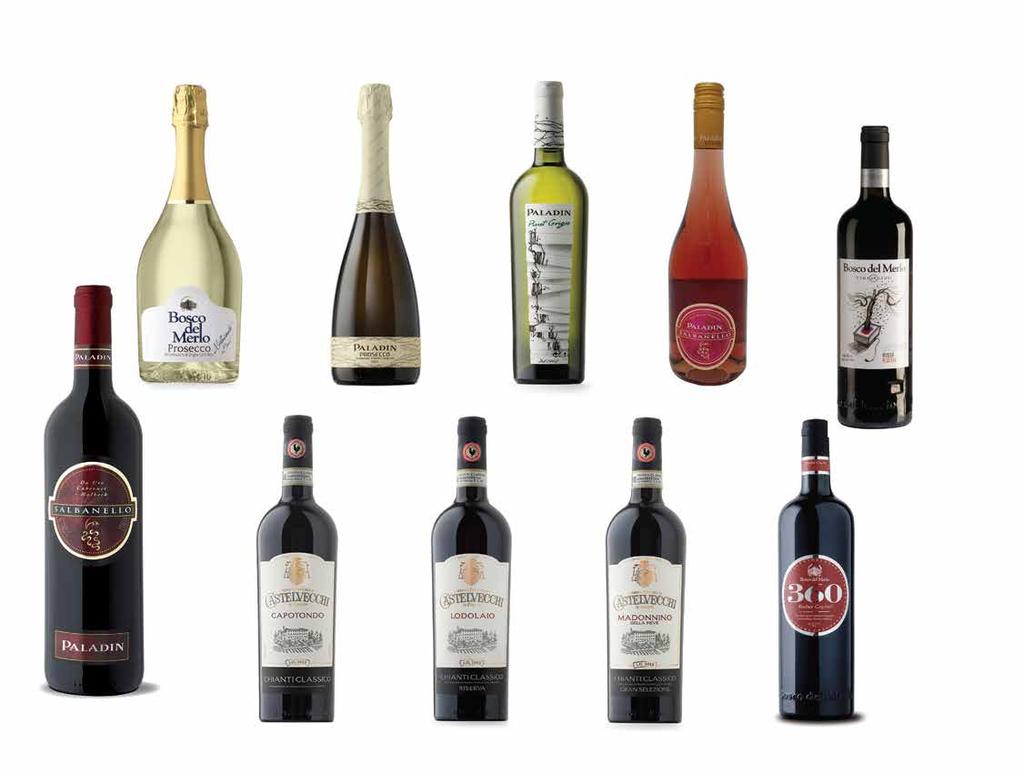 ITALY: VENETO 16 90 15 00 Prosecco Spumante Vintage Brut 2014-75cl Bosco Del Merlo Prosecco Spumante Dry 75cl Paladin 12 90 Pinot Grigio 2016-75cl Paladin 11 95 37 50 Salbanello Rosato Frizzante