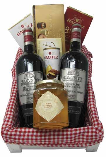 GIFT: 17 CS 03 65 00 53 00 Basket (S) + Table-runner (150x50 cm) With: 2 Calvet Bordeaux Grande Reserve Red 75cl 1 Serego Alighieri Acacia Honey 400gr 2 Hachez Premium Quality Chocolate Bars