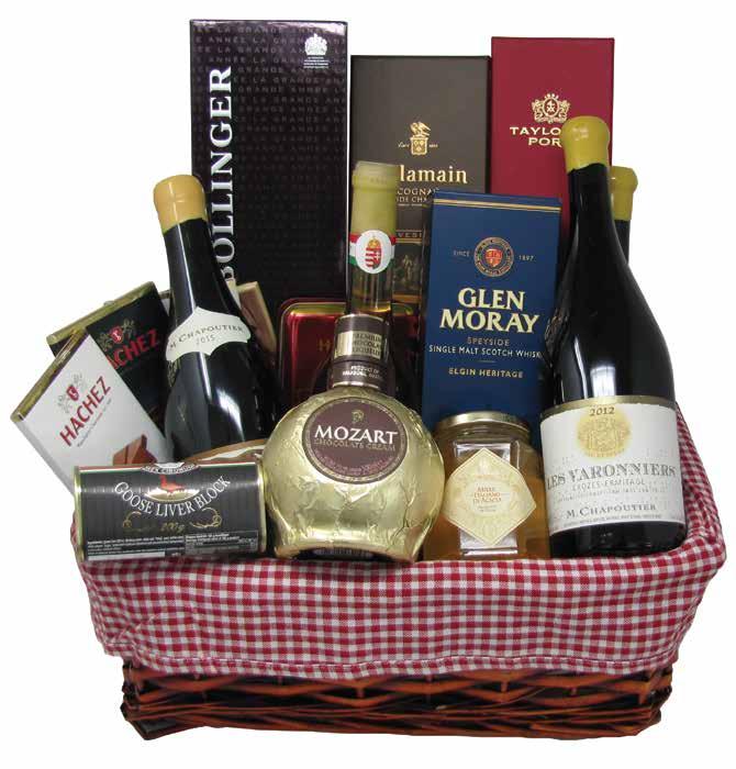 We add value to your gifts! Basket (L) + Table-runner (150x50 cm) With: 1 Champagne Bollinger La Grande Annee Rose 75cl 2 M. Chapoutier Les Varronniers White 75cl 1 M.