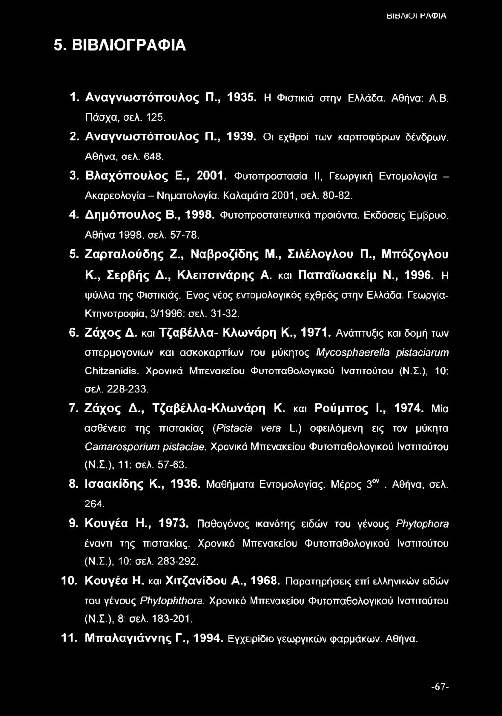Αθήνα 1998, σελ. 57-78. 5. Ζαρταλούδης Ζ., Ναβροζίδης Μ., Σιλέλογλου Π., Μπόζογλου Κ., Σερβής Δ., Κλειτσινάρης Α. και Πατταϊωακείμ Ν., 1996. Η ψύλλα της Φιστικιάς.