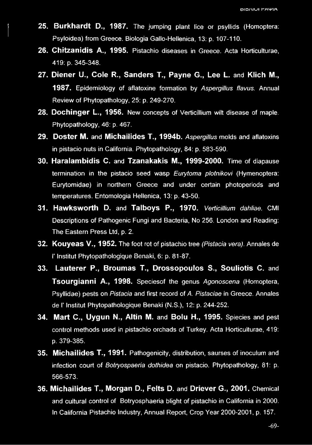 Annual Review of Phytopathology, 25: p. 249-270. 28. Dochinger L., 1956. New concepts of Verticillium wilt disease of maple. Phytopathology, 46: p. 467. 29. Doster M. and Michailides T., 1994b.