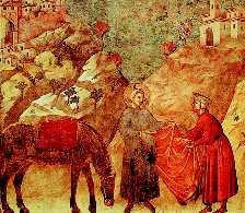 Ο άγιος Φραγκίσκος της Ασσίζης (1182-1226), προσφέρει το επανωφόρι του σε ένα φτωχό. Τοιχογραφία του Τζιότο (περί το 1300). Ασσίζη, Ναός του Αγίου Φραγκίσκου.