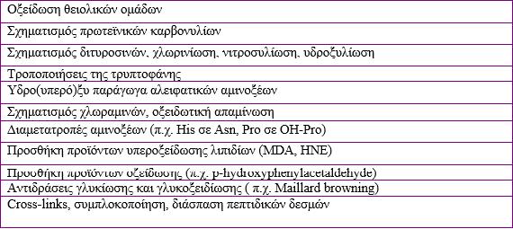 τροποποιήσεων που προκαλούνται στις πρωτεΐνες από τα διάφορα είδη ΔΜΟ (ΟΗ, ΟΝΟΟ -, HClO, 1 O 2 ) ή άλλα παραπροϊόντα του οξειδωτικού στρες (π.χ.