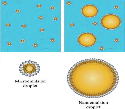 Εικόνα 3. Σχηματική απεικόνιση δομών νανοσταγόνων μικρογαλακτώματος και νανογαλακτώματος αντίστοιχα (Mc Clements et al, 2012). 3.3 Συστατικά Μικρογαλακτωμάτων 3.3.1 Έλαιο Τα μικρογαλακτώματα που παρασκευάζονται στα πλαίσια της παρούσας εργασίας είναι τύπου νερό-σε-έλαιο (W/O), συνεπώς τα έλαια αποτελούν τη συνεχή φάση.