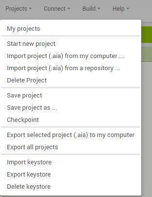 7. Projects ->Import Project (εηζάγεηε ζην AppInventor, ην project ην νπνίν απνζεθεχζαηε ζηνλ ππνινγηζηή). 8.