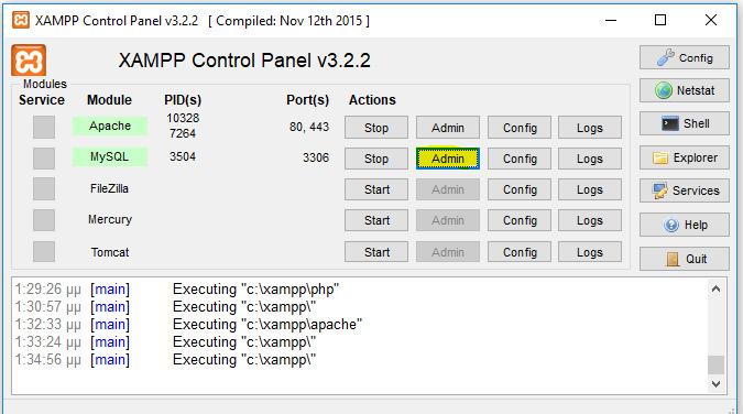 Εικόνα 34 Είσοδός στην MySQl από το Xampp panel Η µπορούµε στον φυλλοµετρείτο µας