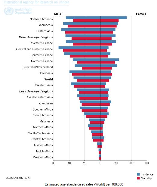 Διάγραμμα 3.3 Ποσοστά καρκίνου του πνεύμονα σε όλες τις χώρες ανά 100.000 πληθυσμού και στα δυο φύλα Πηγή: http://globocan.iarc.