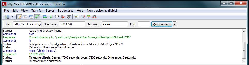 Χρήση του Filezilla 2/3 ohost (διακομιστής): scylla.cs.uoi.