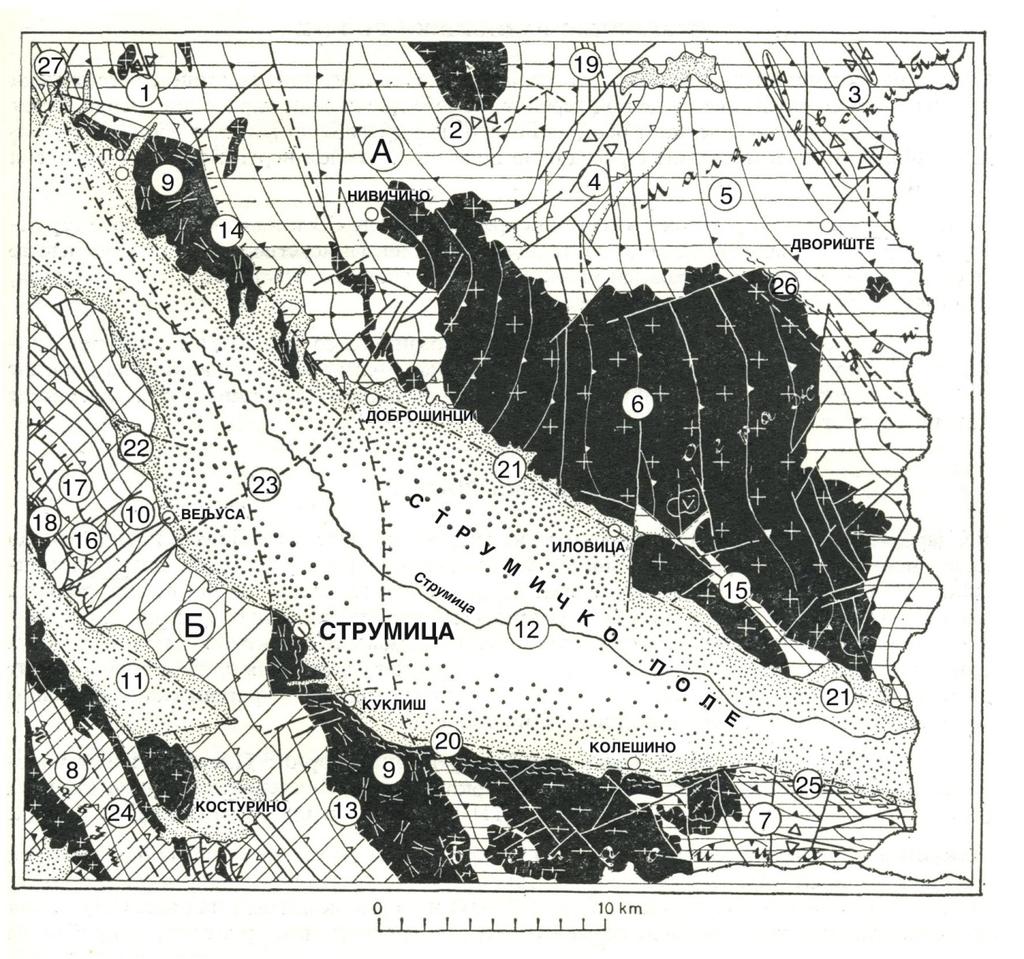 79 7.. Тектонски и структурни карактеристики Геотектонските и структурните карактеристики на пошироката околина на истражуваното подрачје се прикажани на тектонската карта (Сл. 7..) Сл. 7.. Прегледна тектонска карта на Струмицчката котлина.