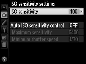 ISO Sensitivity Settings (Ρυθμίσεις ευαισθησίας ISO) Κουμπί G C μενού λήψης Ρυθμίστε την ευαισθησία ISO (0 54).