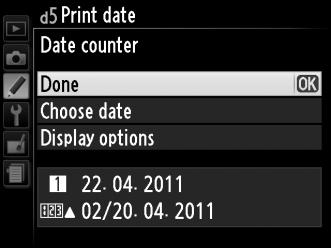 d5: Print Date (Εκτύπωση ημερομηνίας) Κουμπί G A Μενού προσαρμοσμένων ρυθμίσεων Επιλέξτε την πληροφορία ημερομηνίας που θα αποτυπώνεται στις φωτογραφίες καθώς λαμβάνονται.