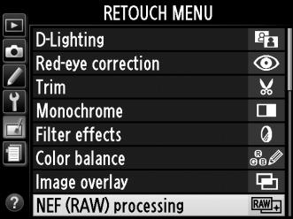 NEF (RAW) Processing (Επεξεργασία NEF (RAW)) Κουμπί G N μενού επεξεργασίας Δημιουργήστε αντίγραφα JPEG των φωτογραφιών NEF (RAW). 1 Επιλέξτε το NEF (RAW) processing (Επεξεργασία NEF (RAW)).