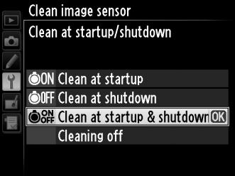 «Clean at startup/shutdown» («Καθαρισμός κατά την εκκίνηση/τον τερματισμό») Επιλέξτε από τις ακόλουθες επιλογές: Επιλογή Περιγραφή Clean at startup Ο καθαρισμός του αισθητήρα εικόνας εκτελείται