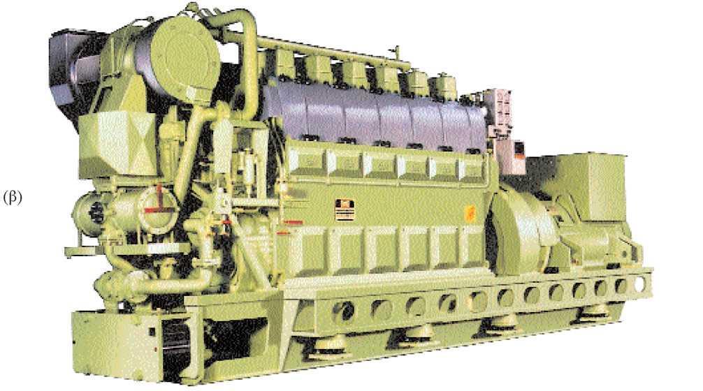 β) Σύγχρονη εξακύλινδρη υπερπληρούμενη τετράχρονη πετρελαιομηχανή της ίδιας εταιρείας, ισχύος 1280 hpστις 900 rpmέχει μήκος μόλις 3,75 mκαι ύψος