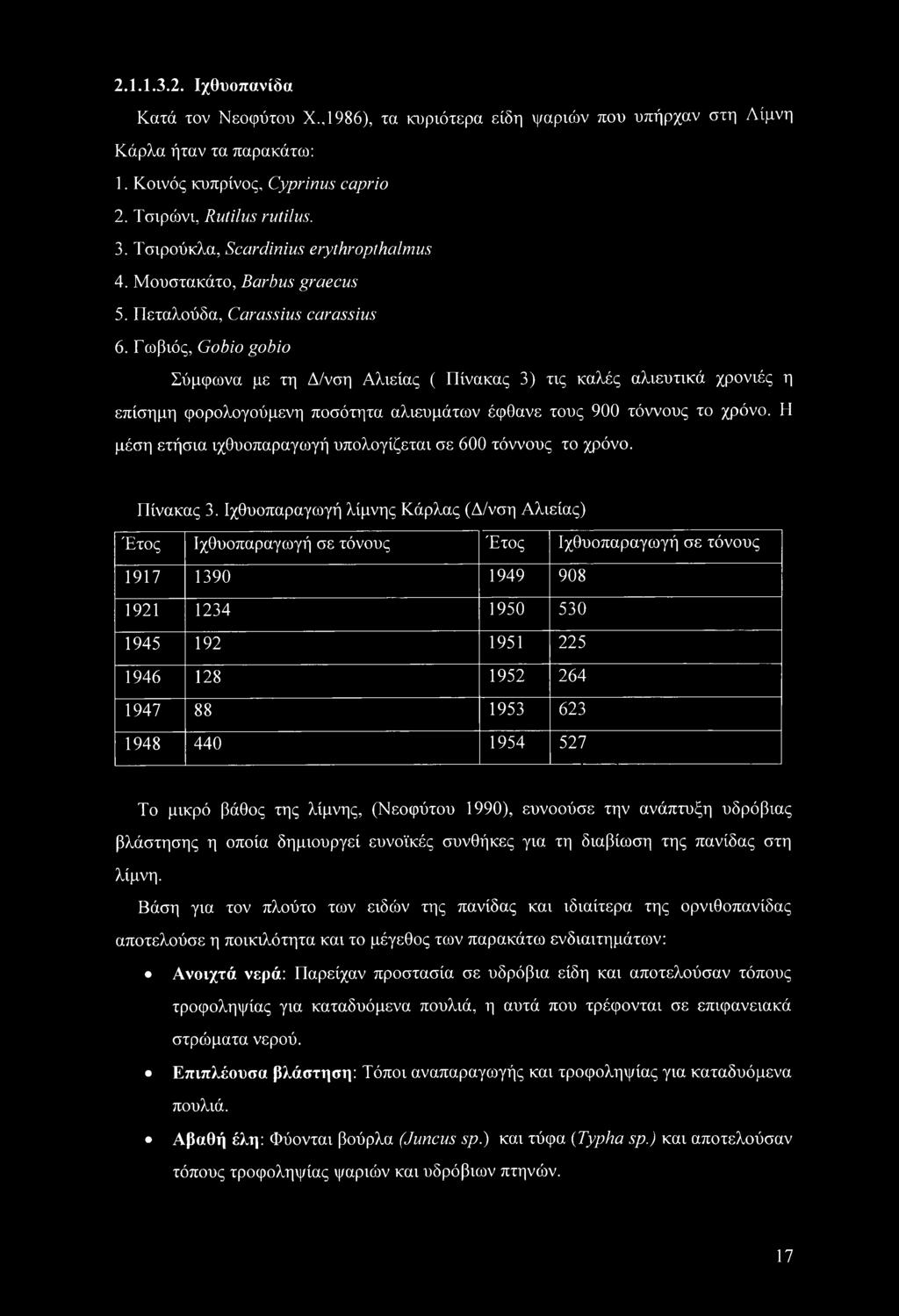 Γωβιός, Gobio gobio Σύμφωνα με τη Δ/νση Αλιείας ( Πίνακας 3) τις καλές αλιευτικά χρονιές η επίσημη φορολογούμενη ποσότητα αλιευμάτων έφθανε τους 900 τόννους το χρόνο.