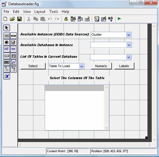 Εικόνα 19. Η εμφάνιση του Database Loader Εδώ βλέπουμε ένα αριθμό components όπως pop up menus, buttons και static text. Ας δούμε όμως τα κύρια σημεία του κώδικα για την λειτουργία του Databaseloader.